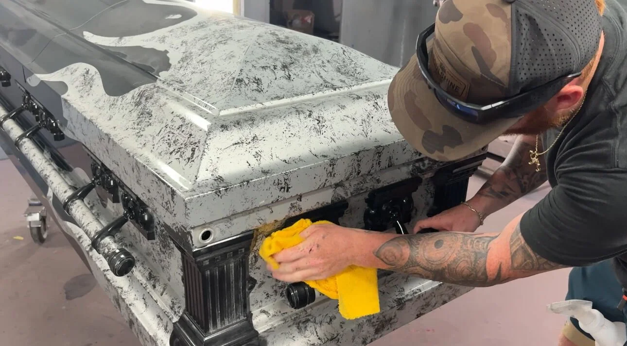 A SoulShine artist designing custom casket artwork in Victoria, Texas