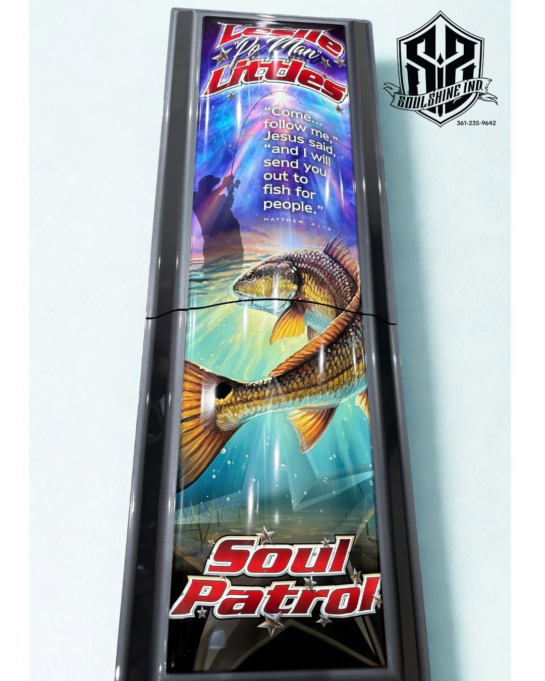 Fishing themed casket with a leaping redfish, Matthew 4:19 verse and Soul Patrol lettering