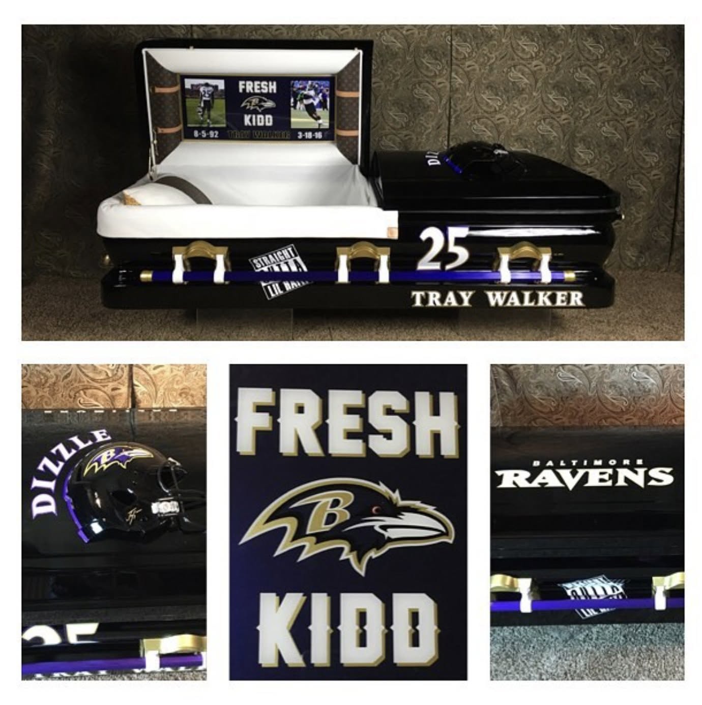 Black casket with purple and gold Ravens striping, number 25 and TRAY WALKER lettering
