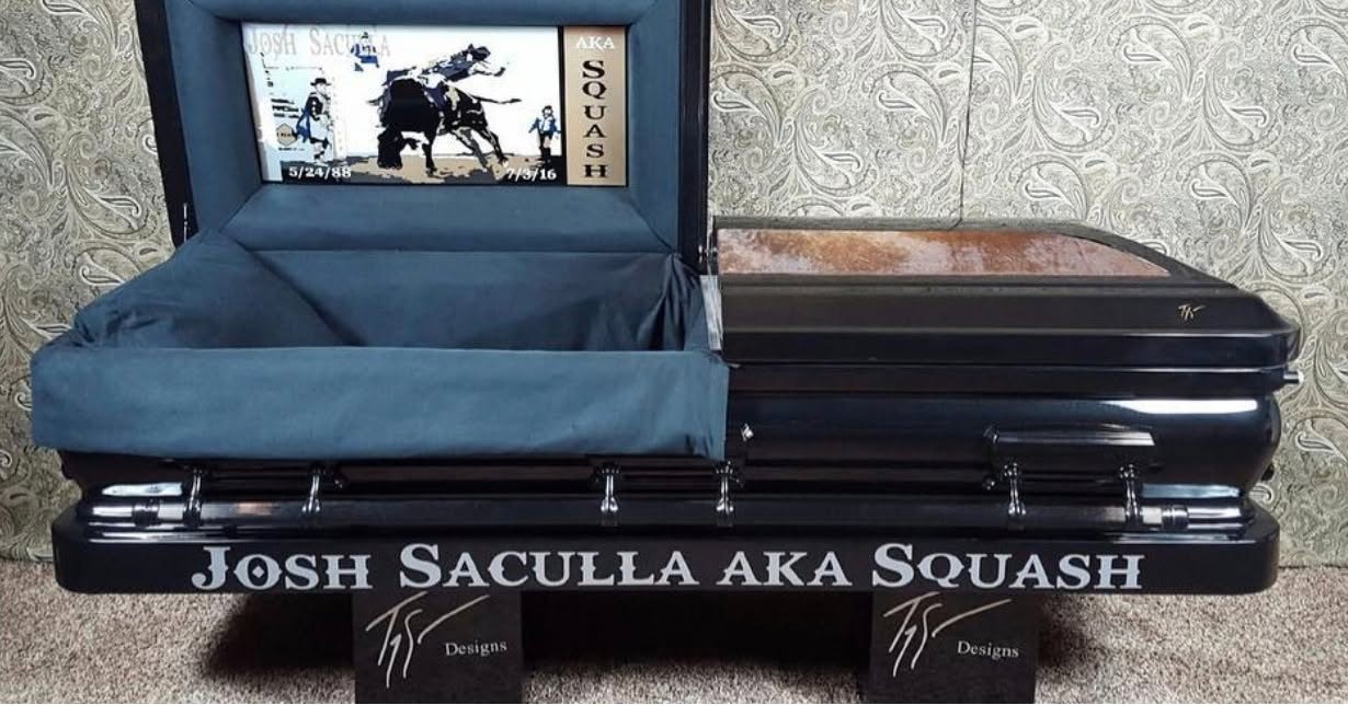 Black casket lettered JOSH SACULLA AKA SQUASH with a bull riding tribute panel in the open lid