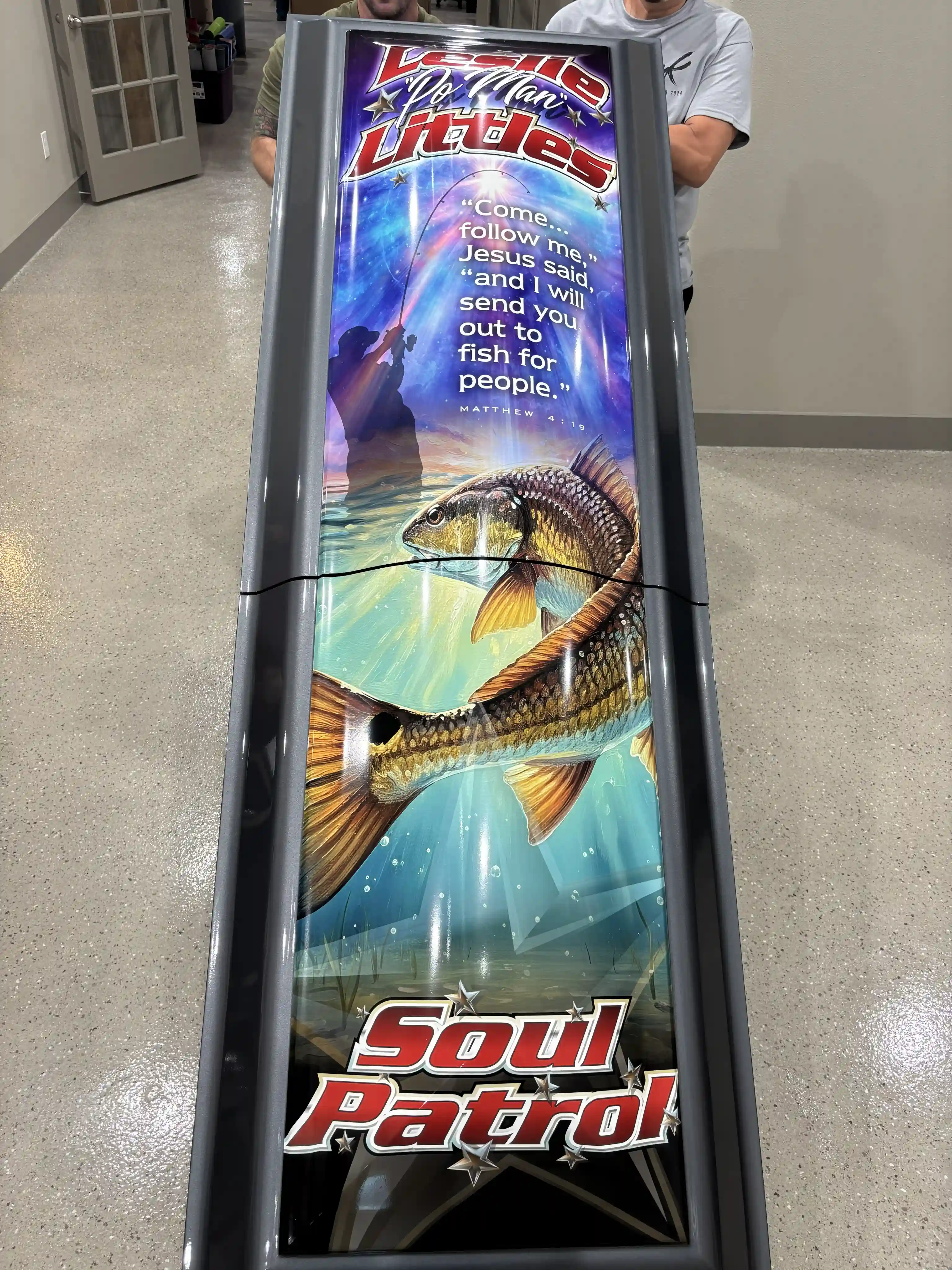 Redfish underwater wrap art with a Matthew 4:19 verse on a gray Soul Patrol fishing casket