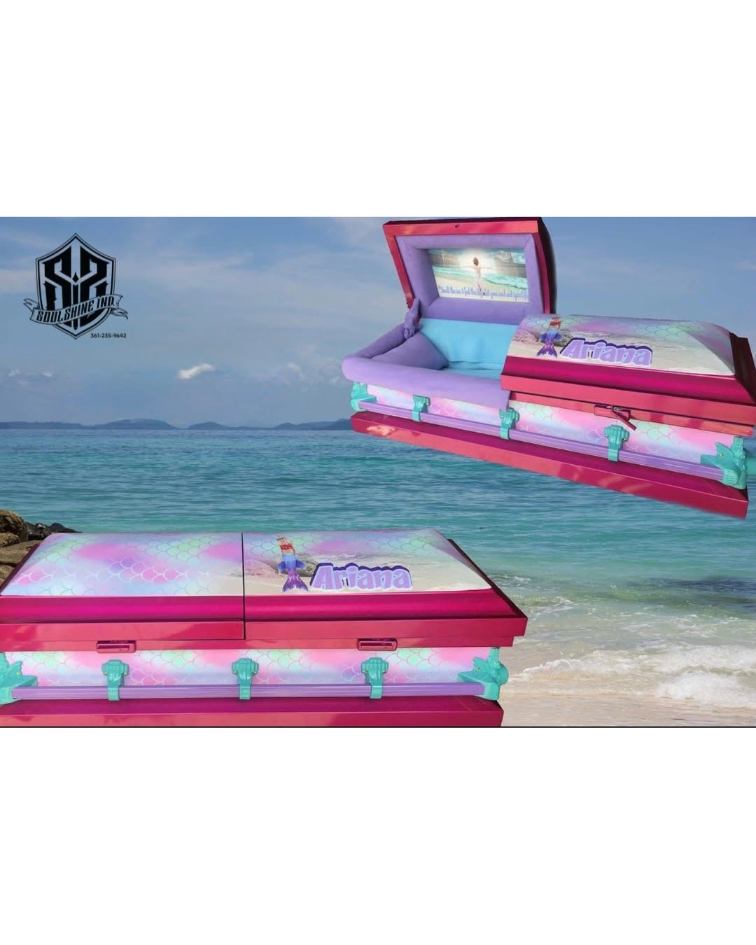 Pink and teal mermaid scale child casket with seafoam green handles shown open and closed